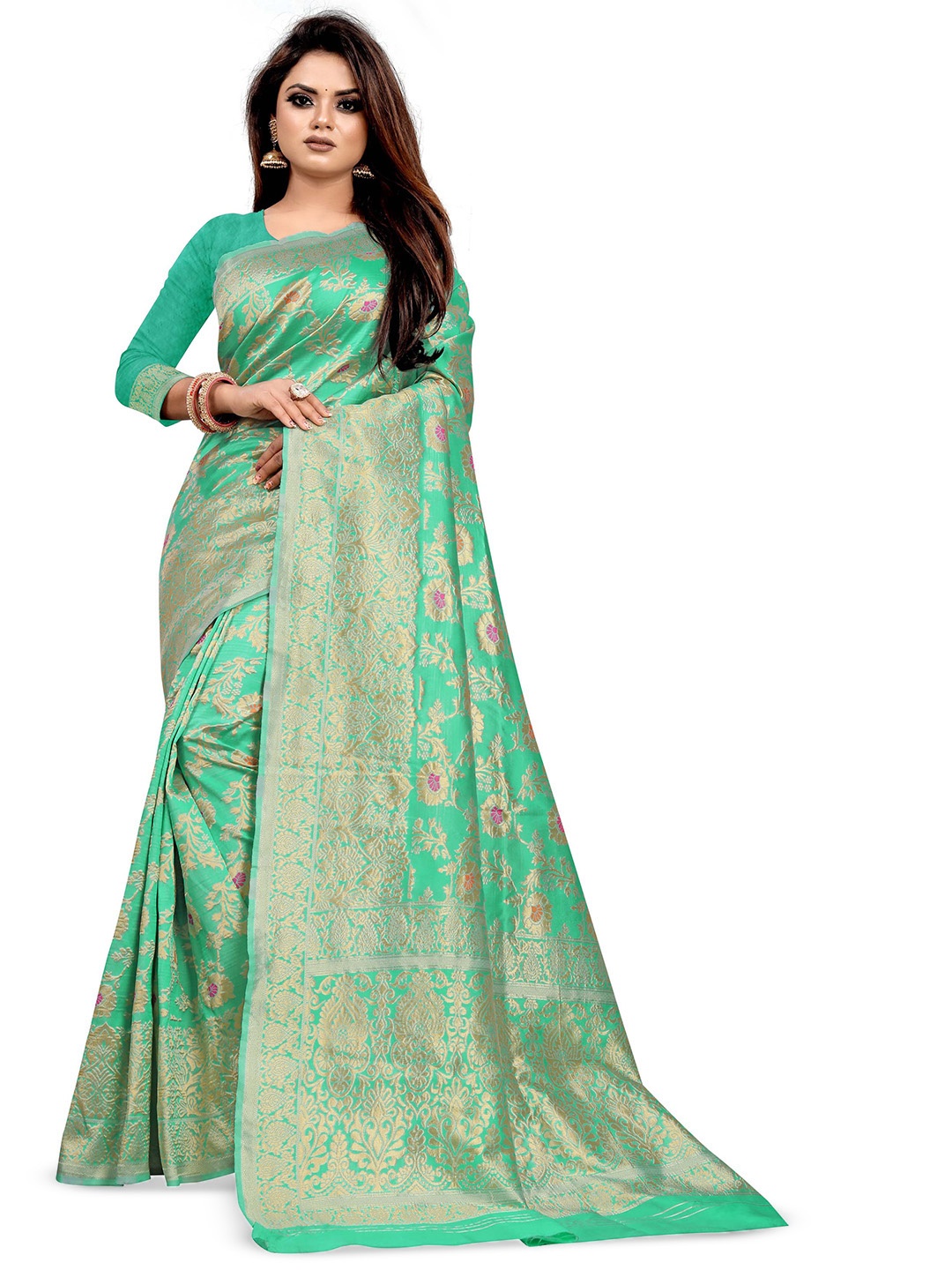 

Quelea Floral Woven Design Zari Pure Silk Banarasi Saree, Sea green