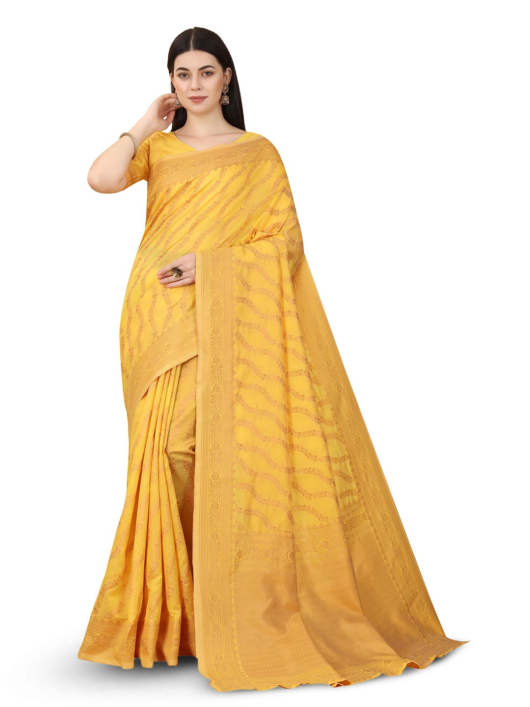 

Quelea Striped Zari Pure Silk Banarasi Saree, Yellow