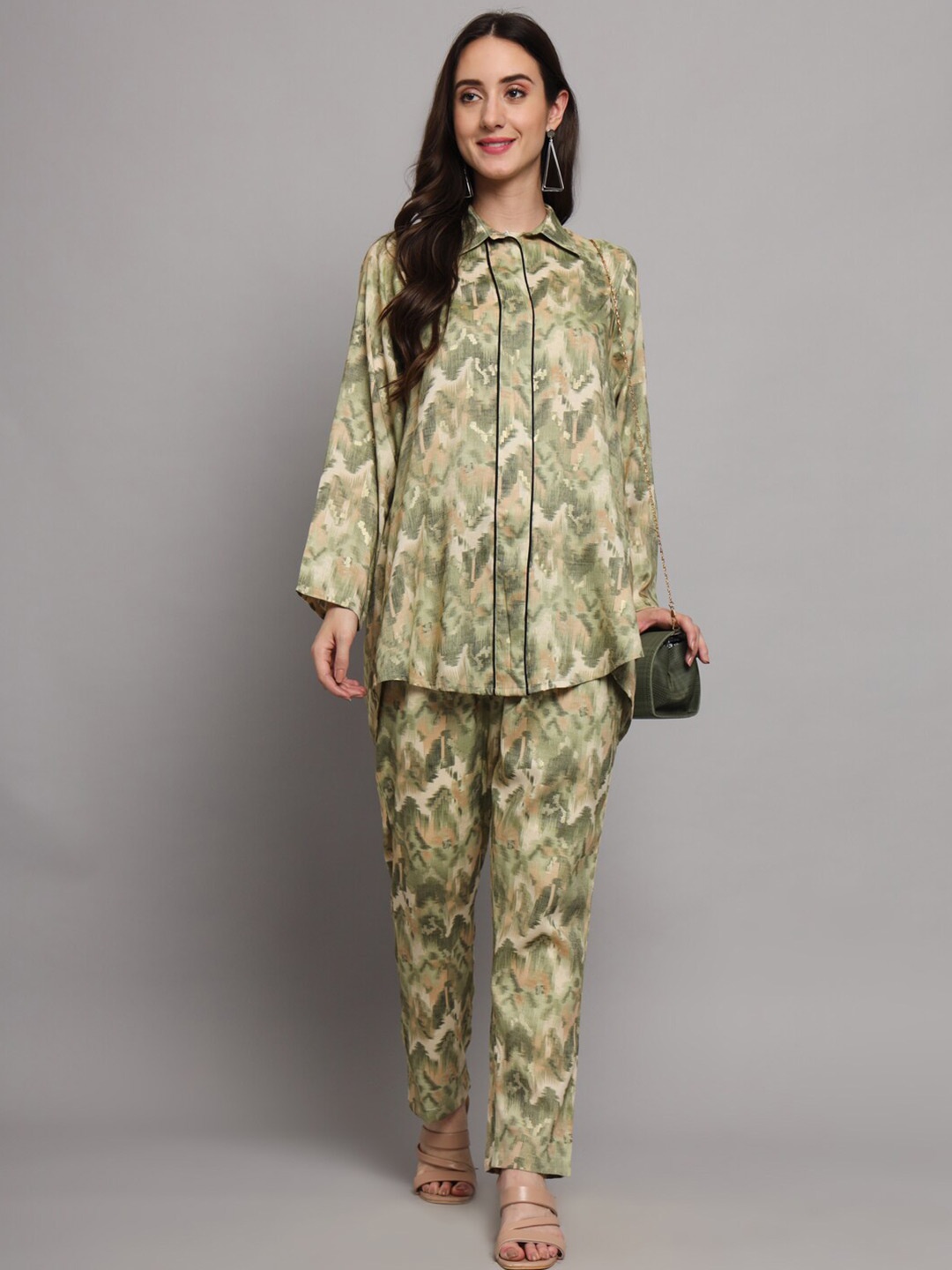 

FABDYOR Printed Shirt Collar Shirt With Trouser, Green