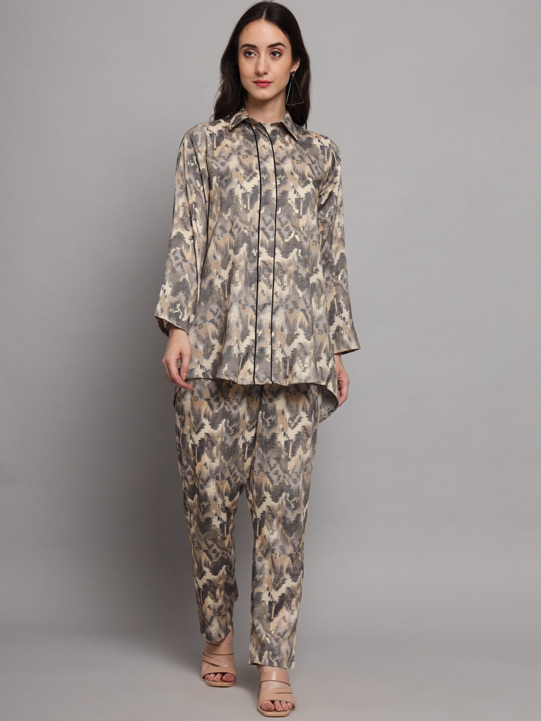 

FABDYOR Printed Shirt Collar Shirt With Trouser, Grey
