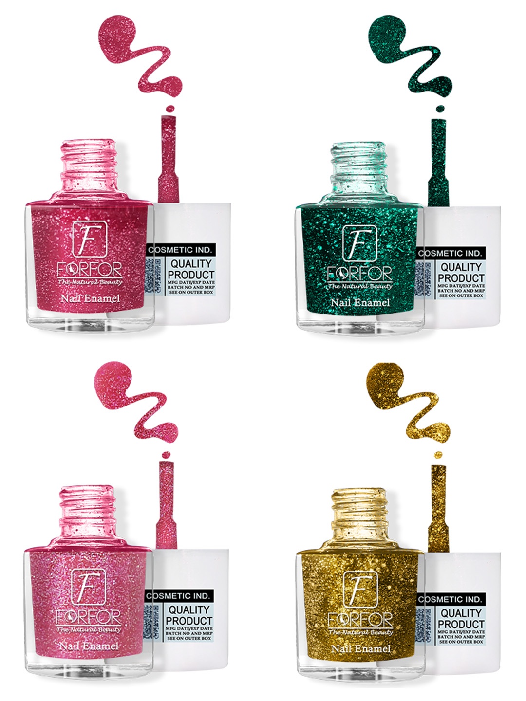 

FORFOR Set Of 4 High Shine Glitter Nail Polish - 5ml Each, Multi