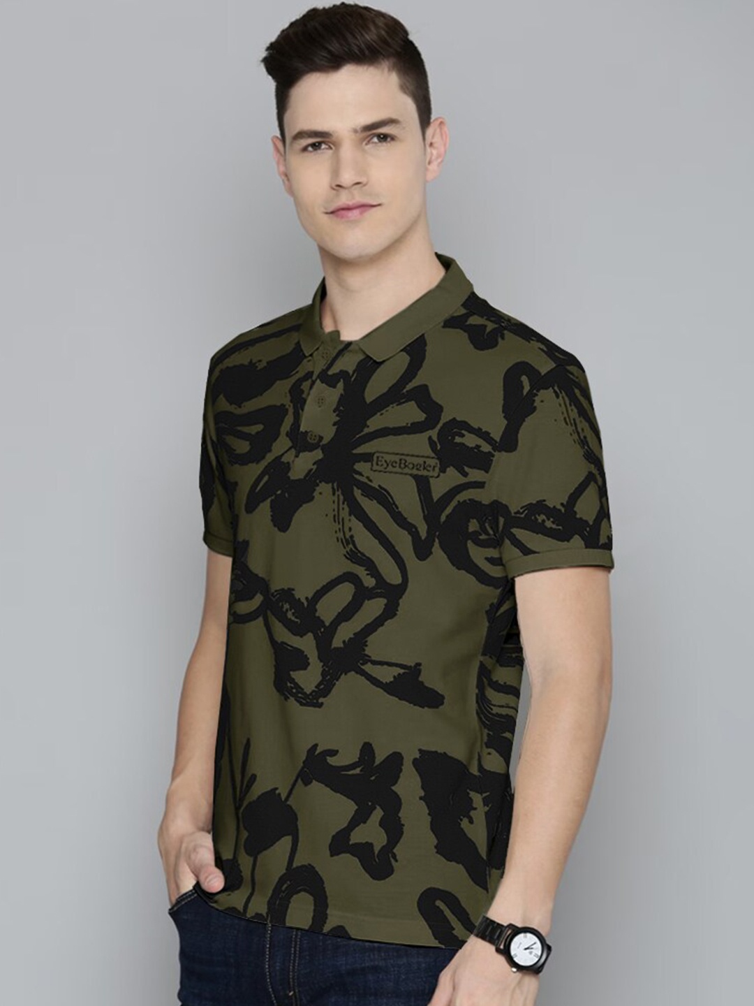 

Eyebogler Abstract Printed Polo Collar Cotton Casual T-shirt, Olive