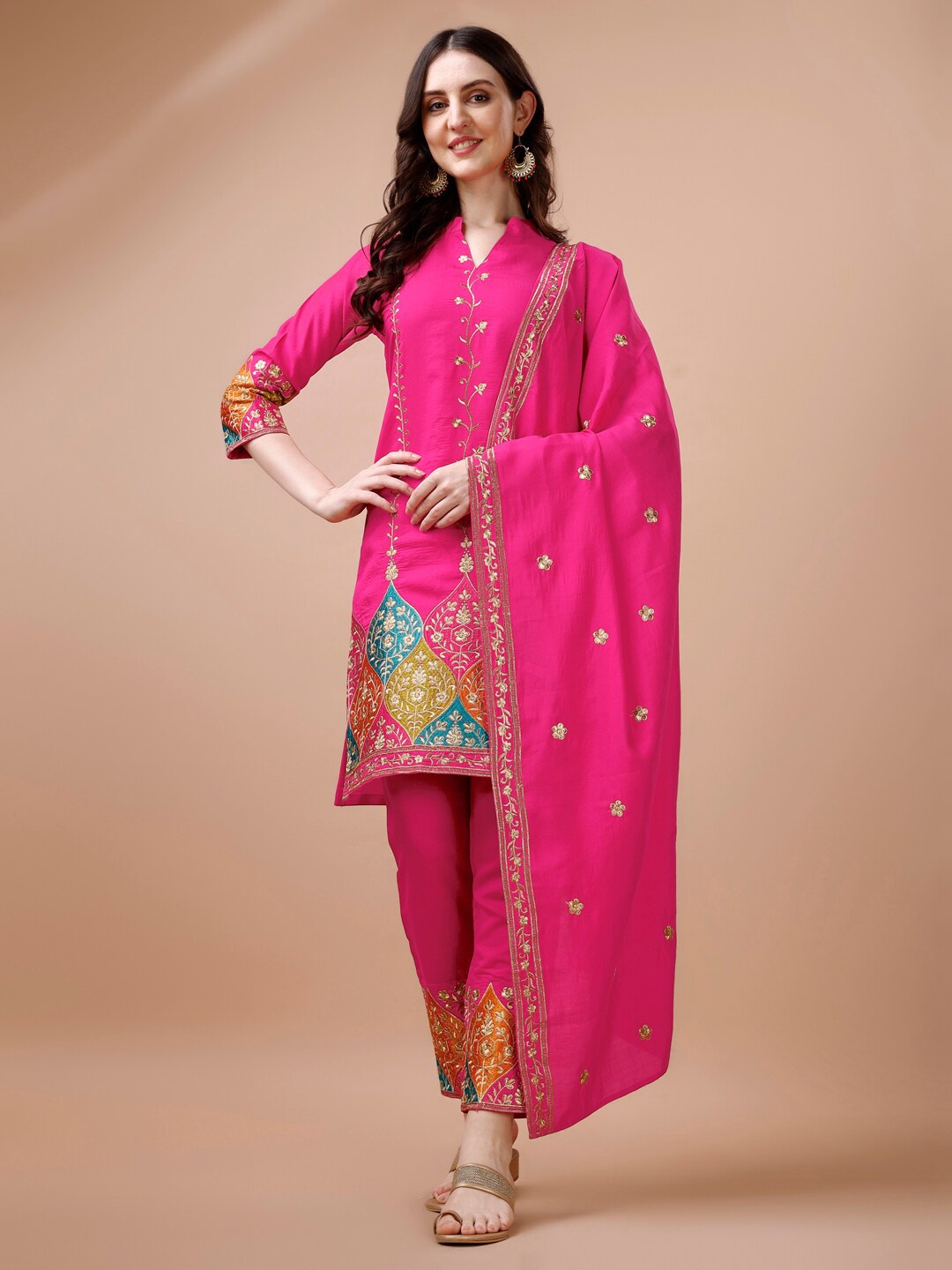 

KALINI Ethnic Motifs Embroidered Thread Work Straight Kurta & Trousers With Dupatta, Pink