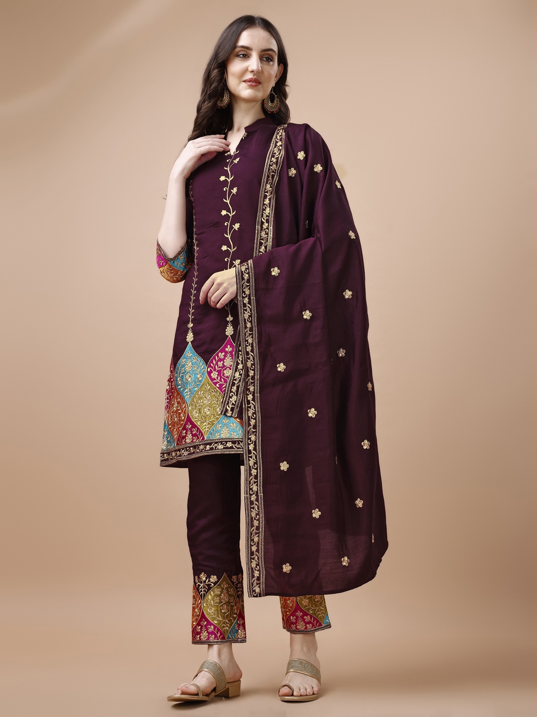 

KALINI Ethnic Motifs Embroidered Thread Work Straight Kurta & Trousers With Dupatta, Purple