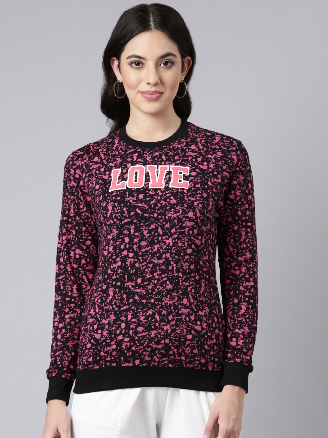 

DIXCY SCOTT Slimz Graphic Printed Cotton Round Neck Pullover Sweatshirt, Black