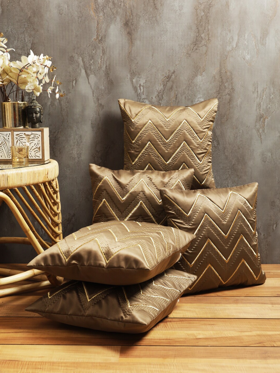 

ROMEE Brown & Cream-Coloured 5 Pieces Geometric Square Cushion Covers