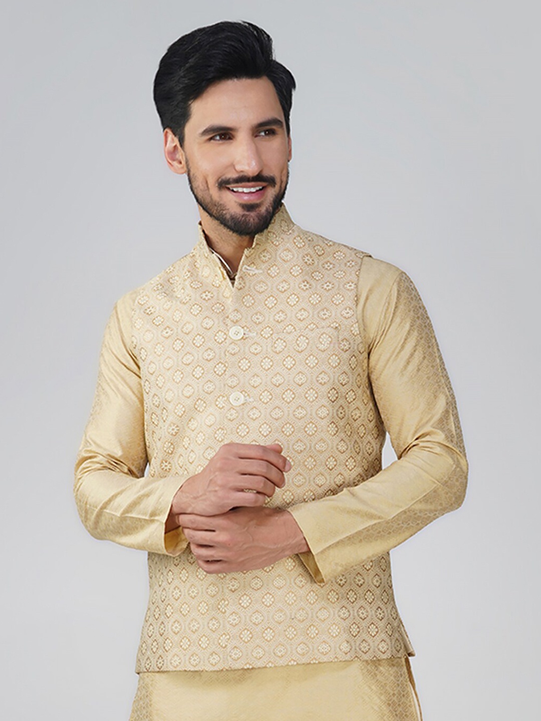 

Vastraa Fusion Ethnic Motifs Woven Design Mandarin Collar Pure Silk Nehru Jacket, Beige