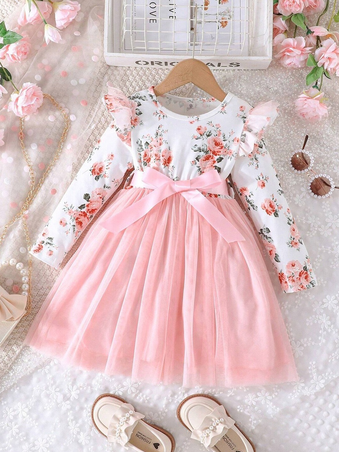 

BAESD Girls Floral Printed Round Neck Fit and Flare Dress, Peach