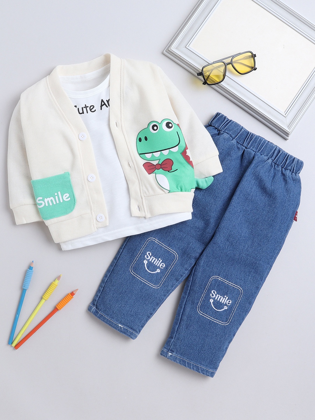 

FOURFOLDS Boys Printed Pure Cotton Clothing Set, Cream