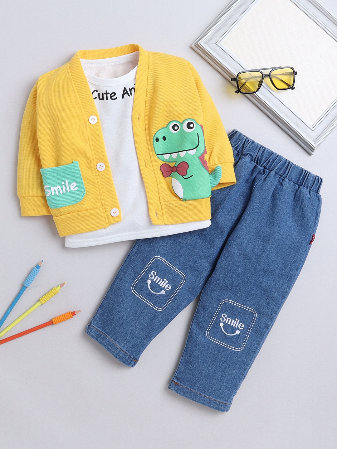 

FOURFOLDS Boys Printed Pure Cotton T-shirt with Trousers & Jacket, Yellow