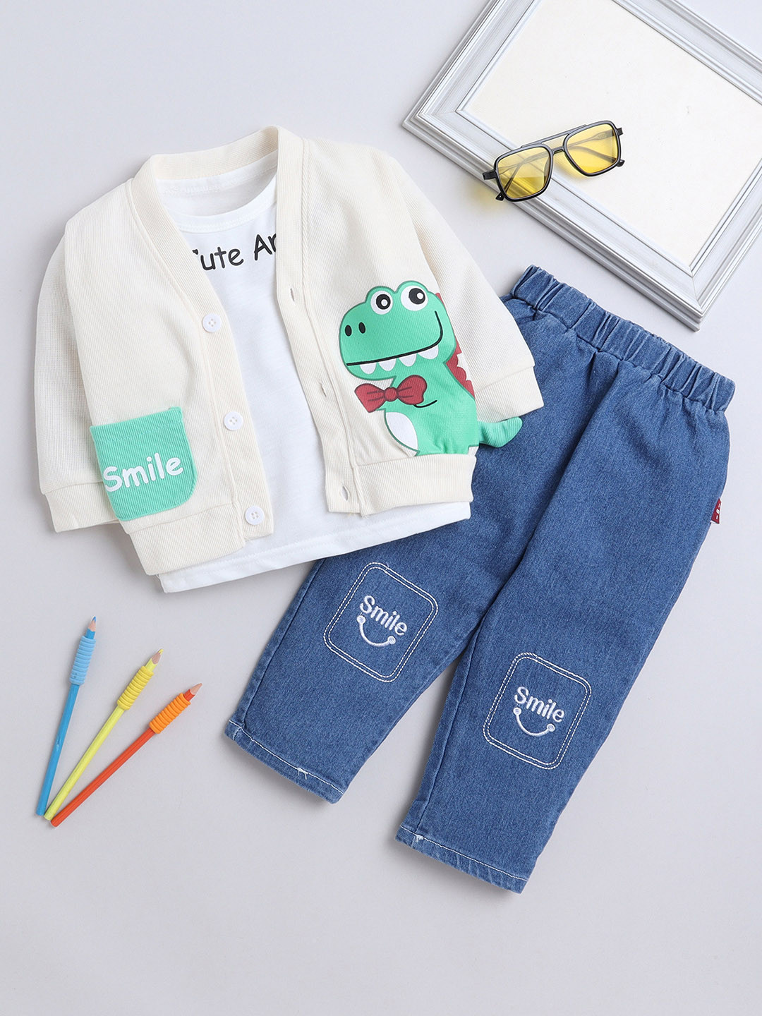 

BAESD Boys Printed Pure Cotton T-shirt & Trouser With Jacket, White