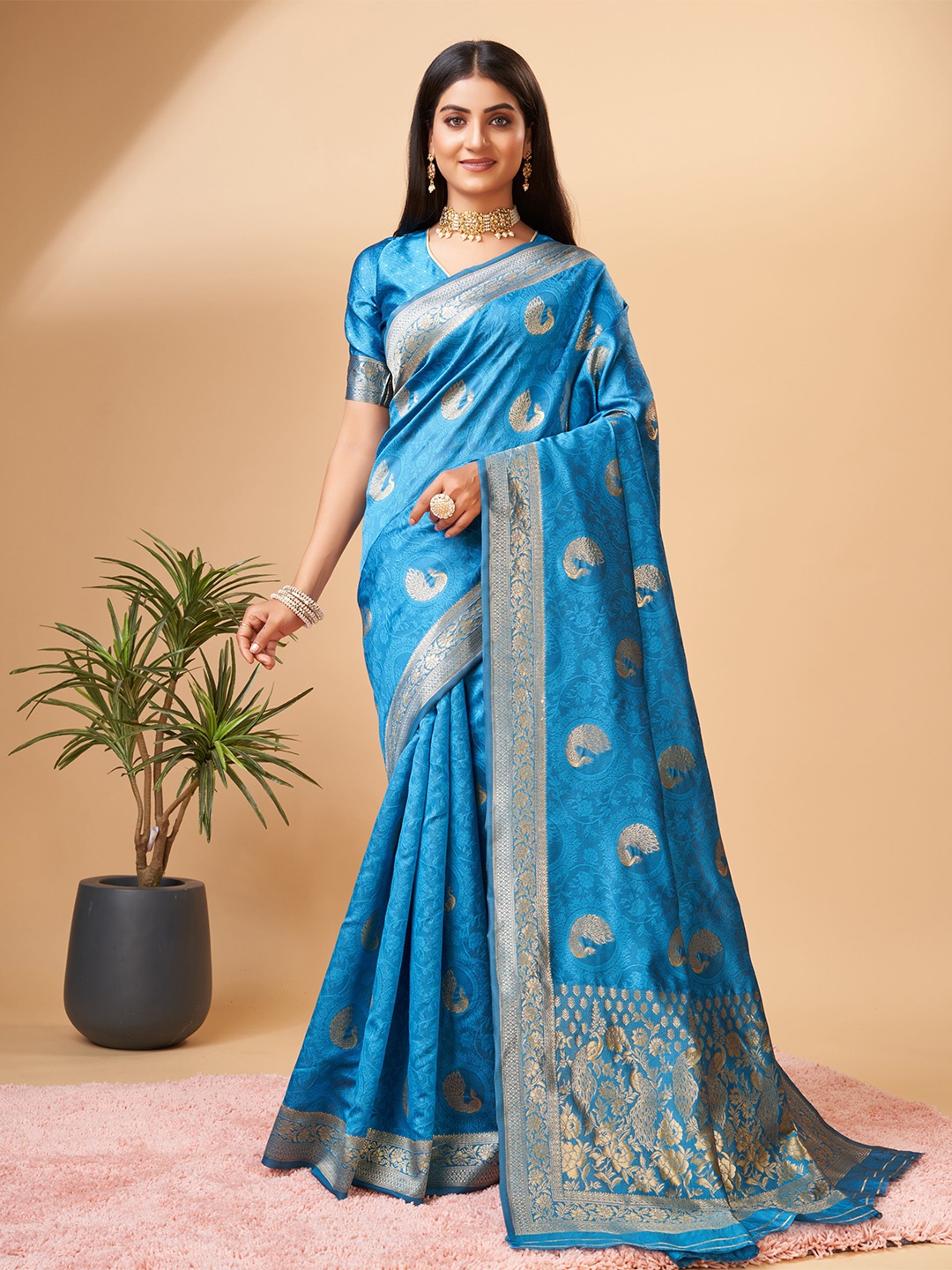 

bansari textiles Ethnic Motifs Woven Design Zari Paithani Saree, Turquoise blue