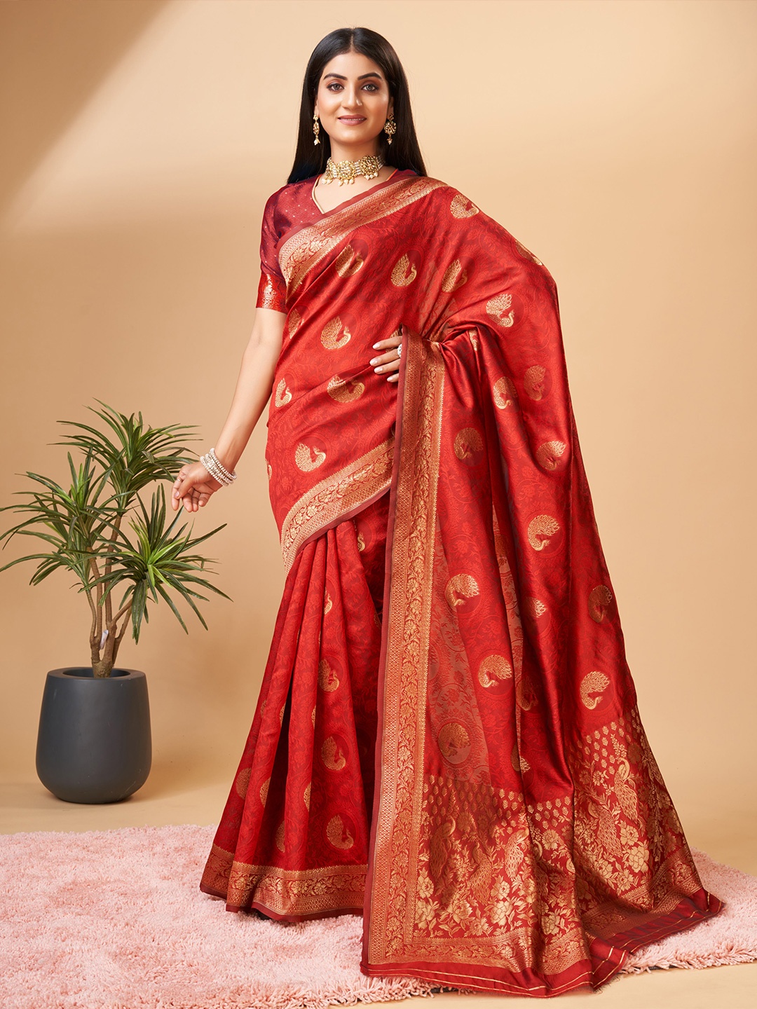 

bansari textiles Ethnic Motifs Woven Design Zari Silk Cotton Paithani Saree, Red