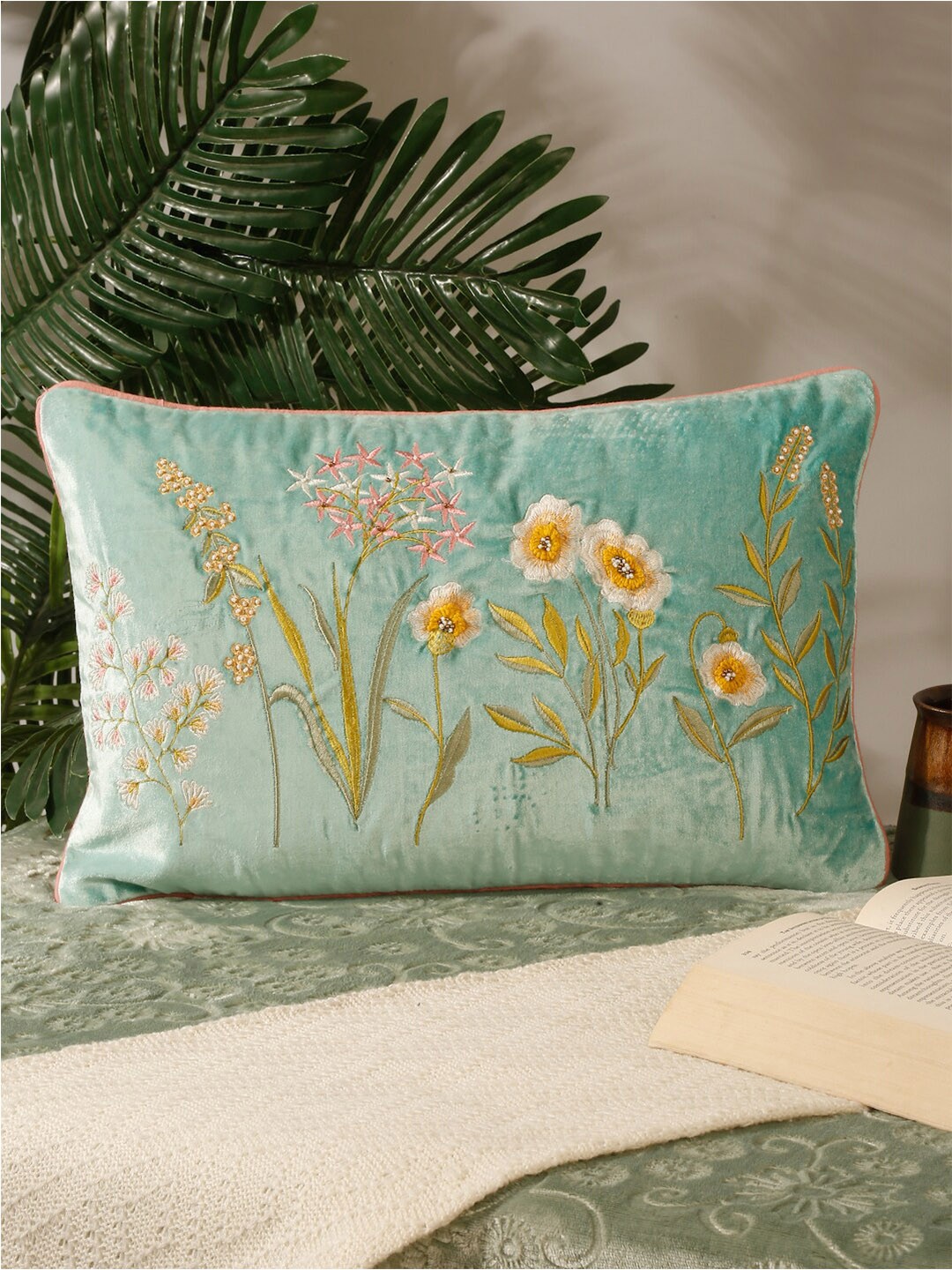 

NISRAG HOME Blue & Green Floral Embroidered Velvet Rectangle Cushion Cover