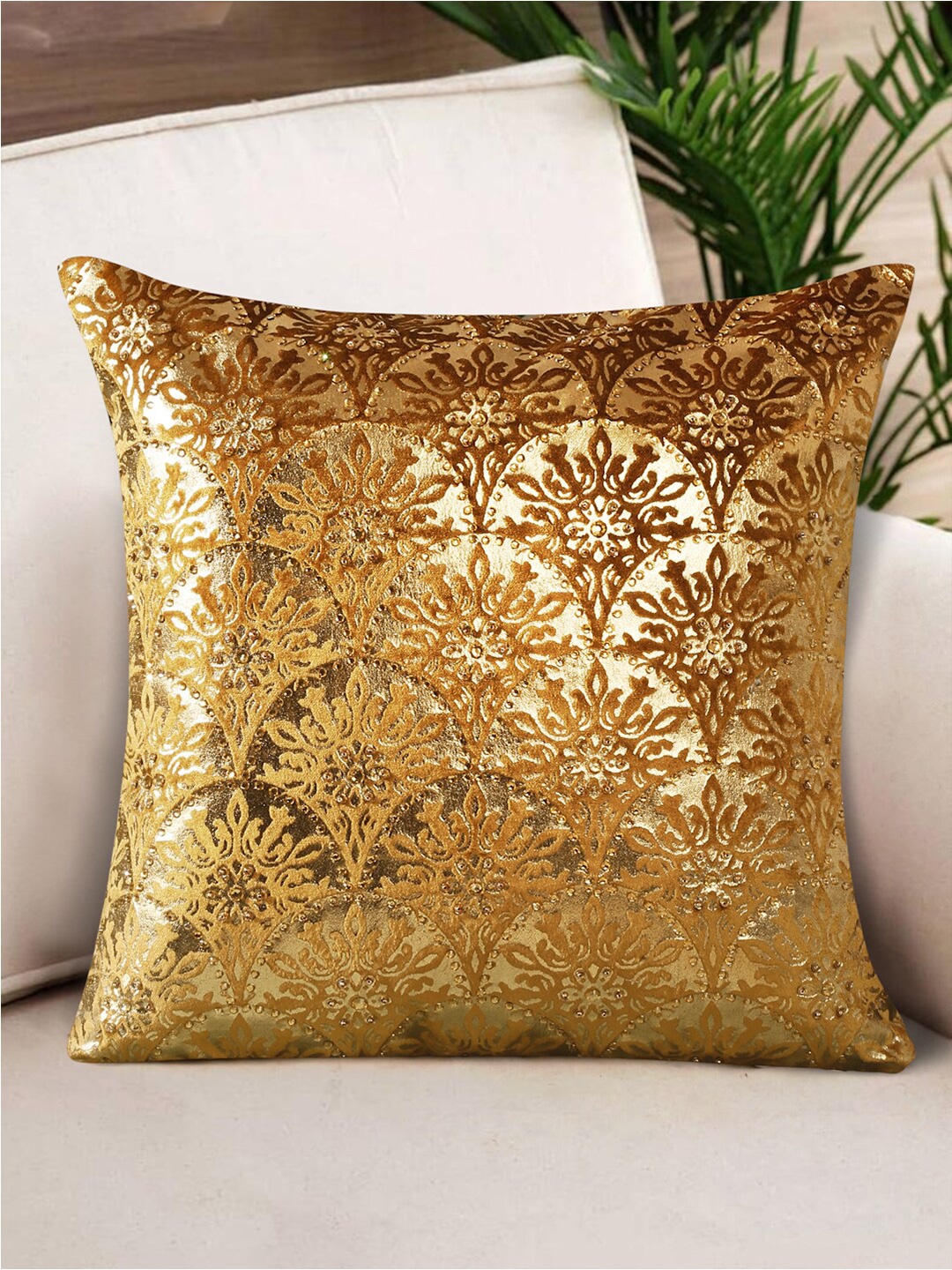 

NISRAG HOME Brown & Gold Toned Floral Embroidered Velvet Square Cushion Cover