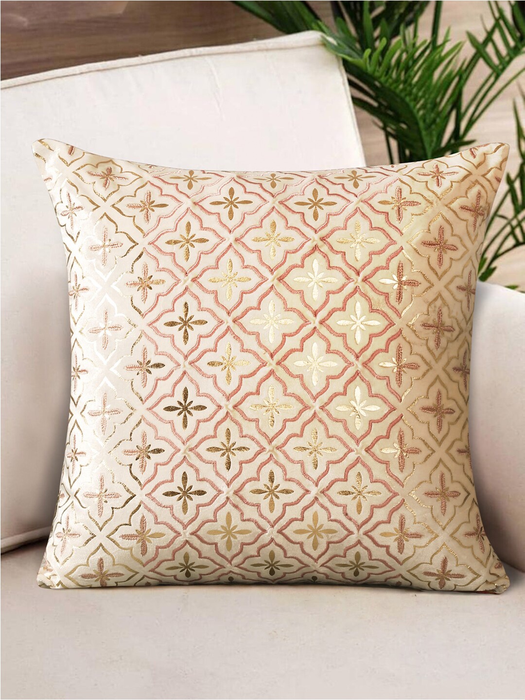 

NISRAG HOME Beige & Pink Floral Embroidered Velvet Square Cushion Cover