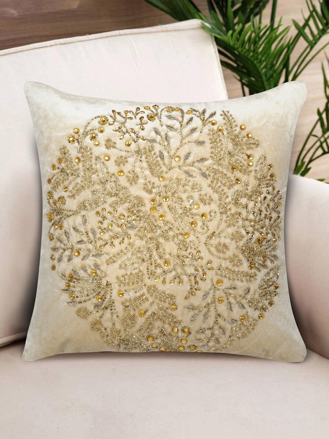 

NISRAG HOME Beige & Gold Toned Embellished Embroidered Velvet Square Cushion Cover