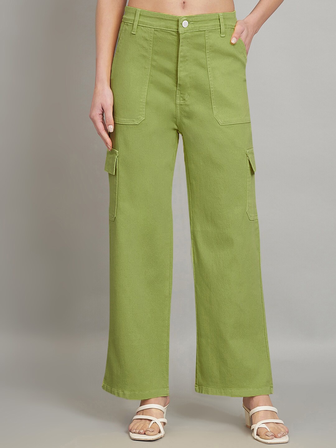 

BAESD Women Green Jean Relaxed Fit High-Rise Clean Look Cotton Cargo Jeans