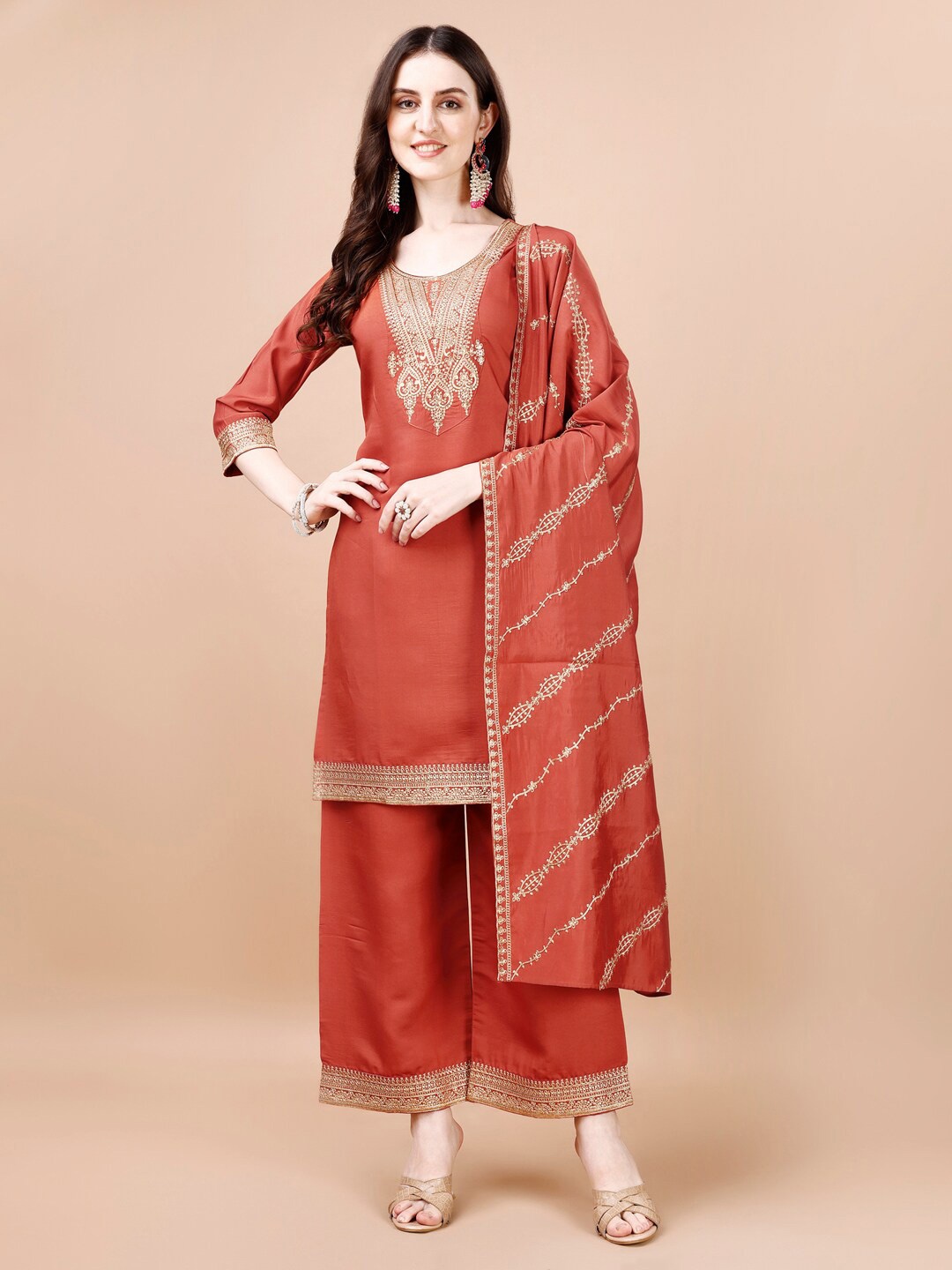 

KALINI Ethnic Motifs Embroidered Kurta With Palazzos & Dupatta, Rust