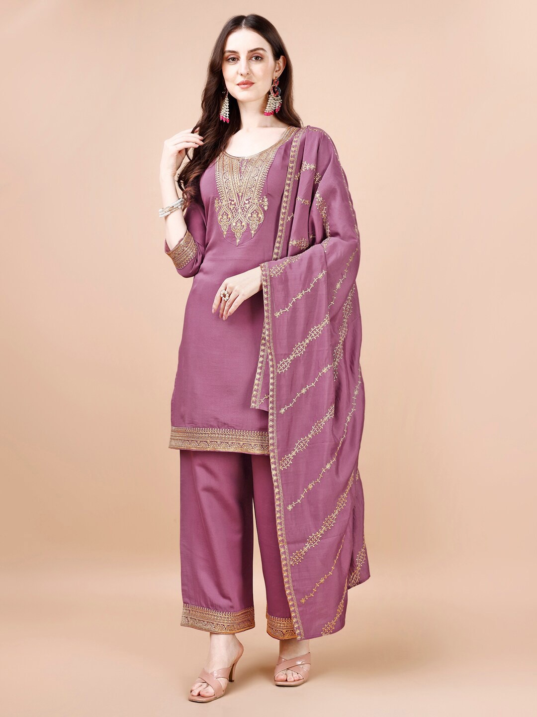 

KALINI Ethnic Motifs Embroidered Kurta With Palazzos & Dupatta, Purple