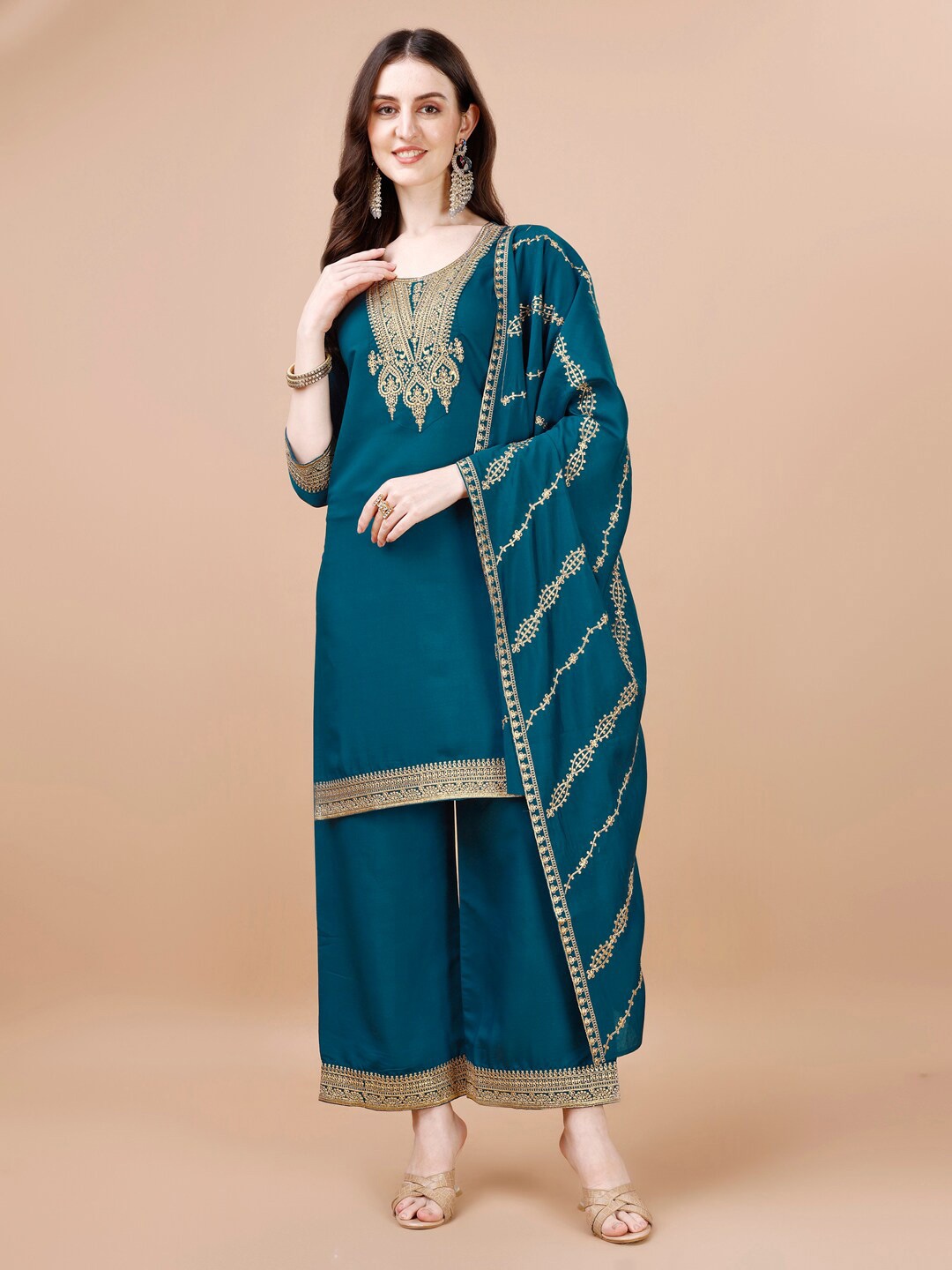 

KALINI Ethnic Motifs Embroidered Kurta With Palazzos & Dupatta, Blue