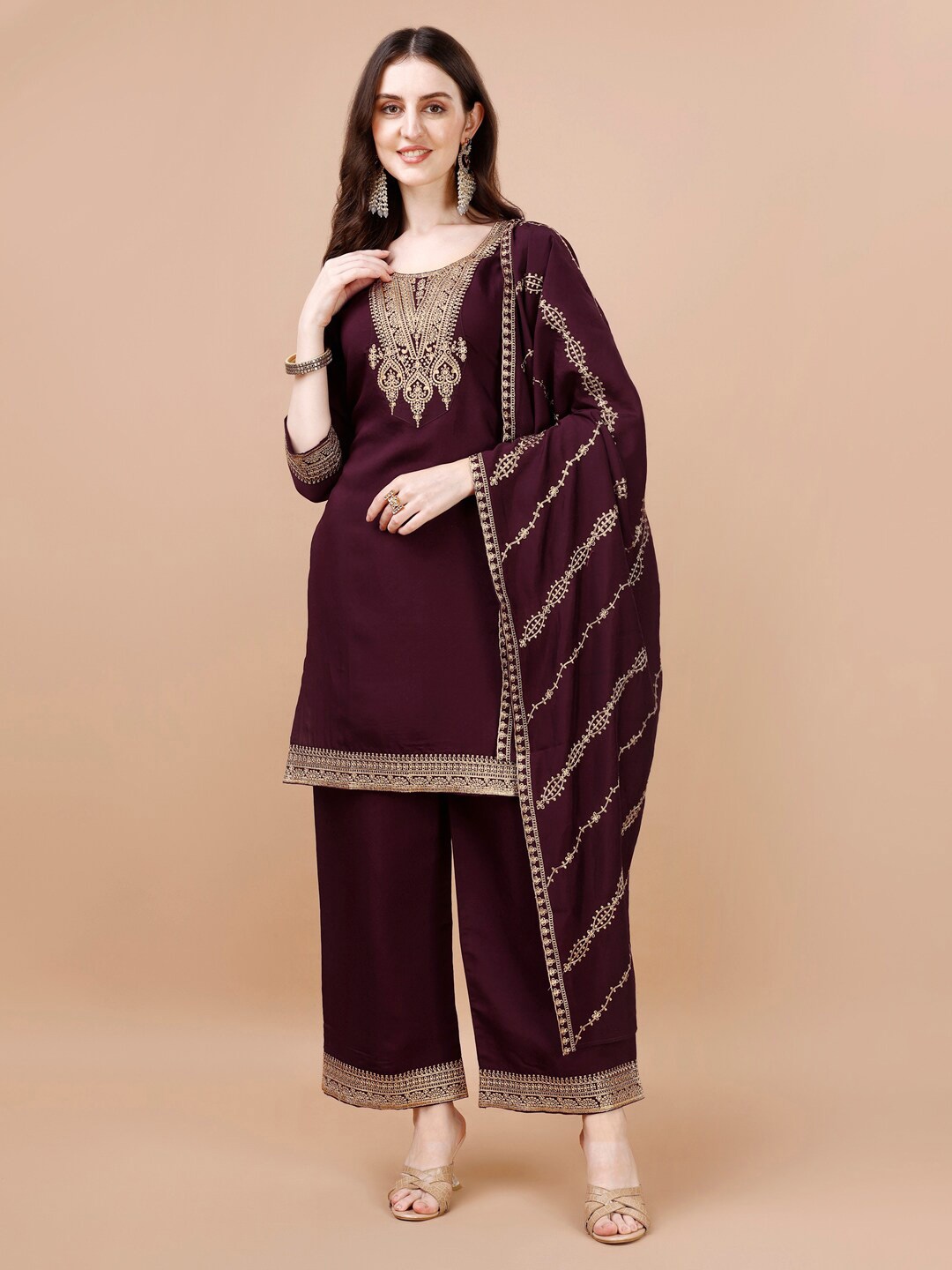 

KALINI Ethnic Motifs Embroidered Kurta With Palazzos & Dupatta, Purple