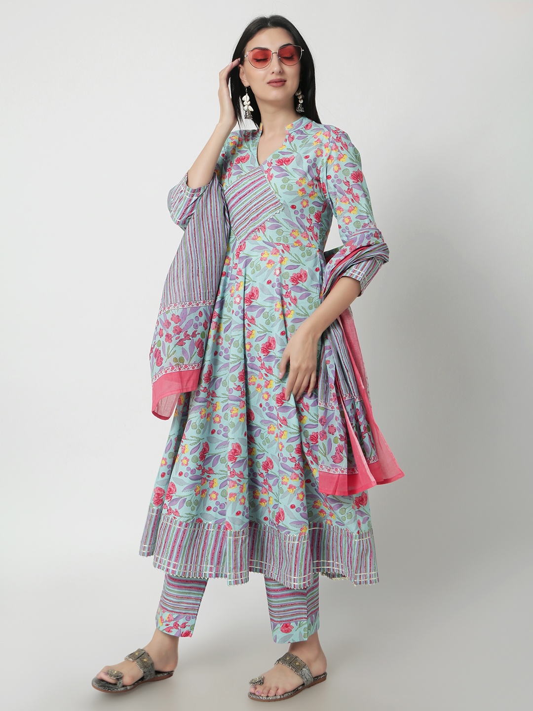 

KALINI Floral Printed V-Neck Pure Cotton Anarkali Kurta with Trousers & With Dupatta, Blue