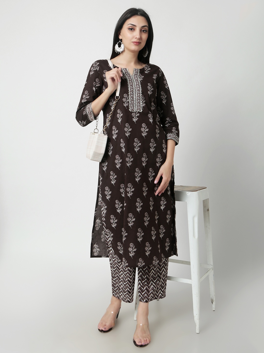

KALINI Floral Printed Pure Cotton Kurta with Palazzos, Charcoal