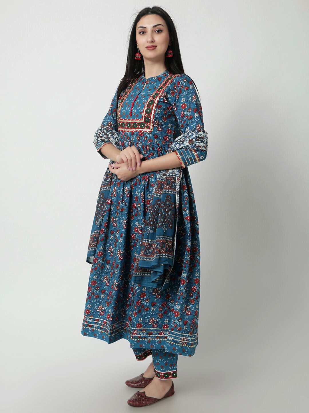 

KALINI Floral Printed Empire Gotta Patti Pure Cotton Kurta With Trousers & Dupatta, Blue