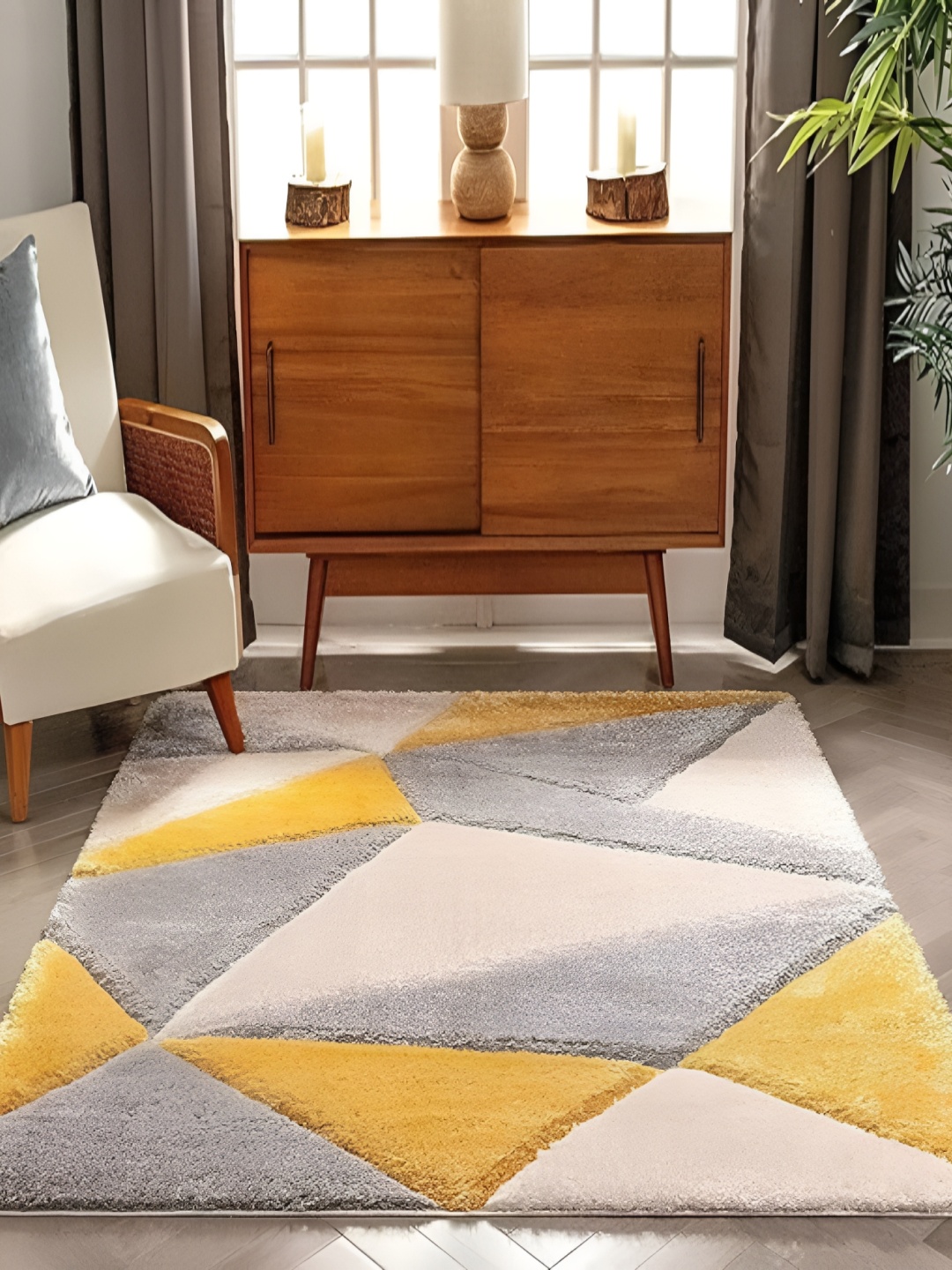Shopgallery Grey & Yellow Geometric Anti-Skid Shaggy Carpet