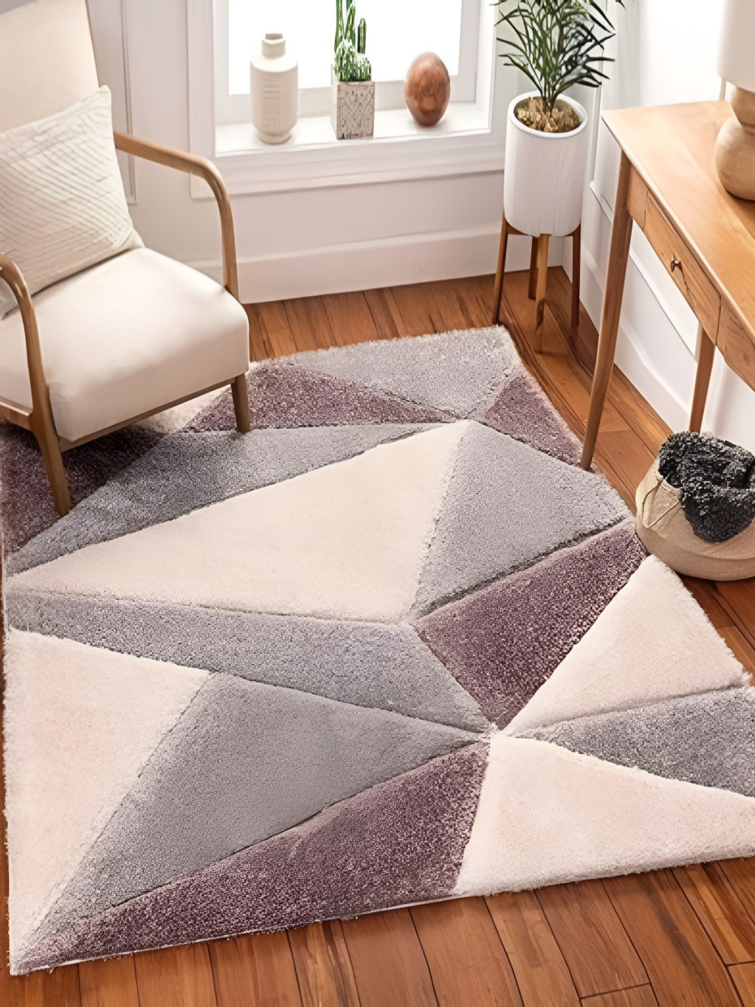 Shopgallery Brown & Grey Geometric Anti-Skid Shaggy Carpet