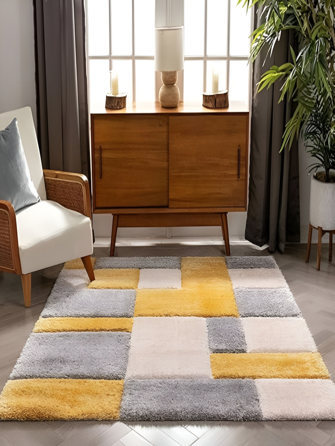 Shopgallery Mustard & Grey Geometric Anti-Skid Shaggy Carpet