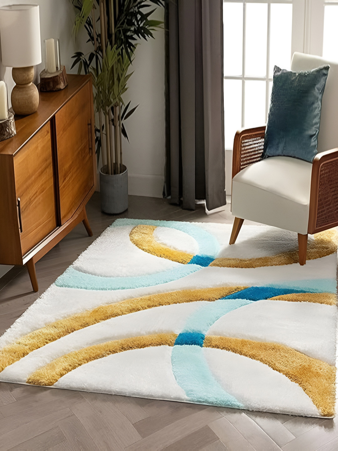 

Shopgallery Turquoise Blue & Yellow Geometric Anti-Skid Shaggy Carpet