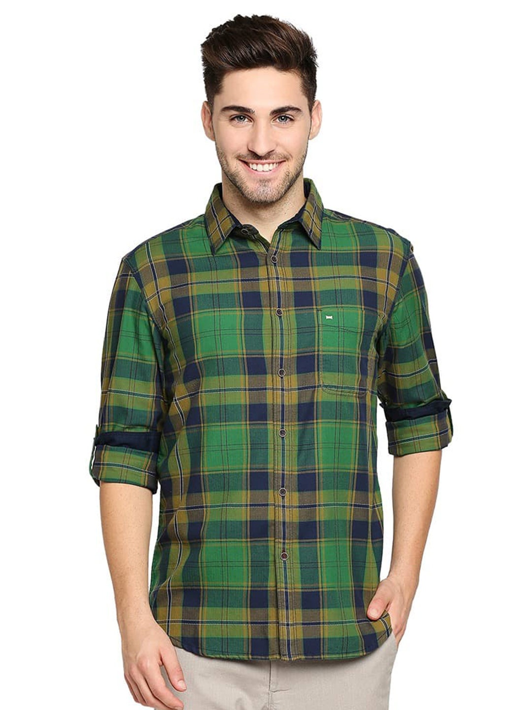 

Basics Slim Fit Tartan Checked Cotton Twill Casual Shirt, Green