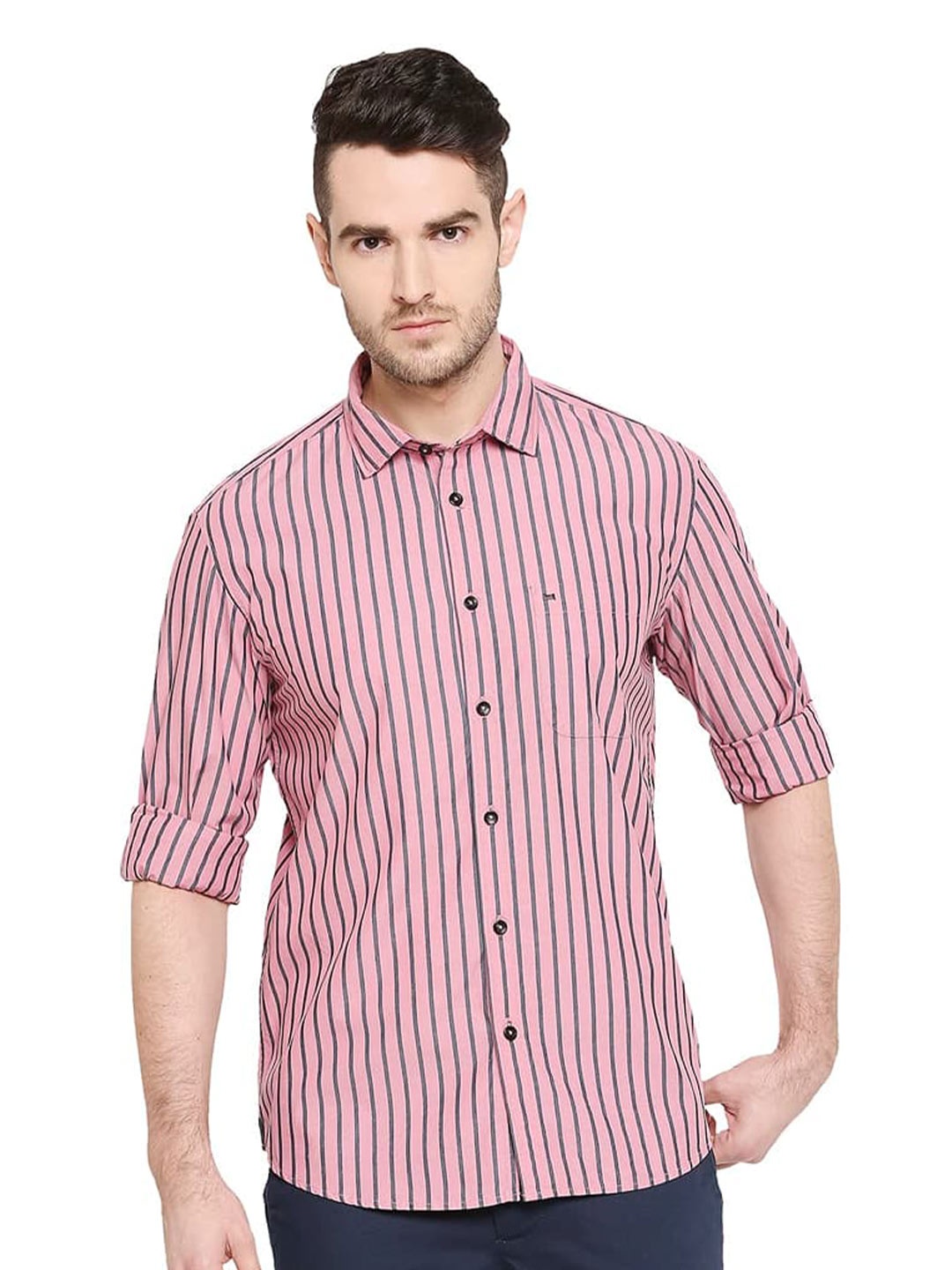 

Basics Slim Fit Striped Spread Collar Long Roll Up Sleeves Casual Shirt, Pink