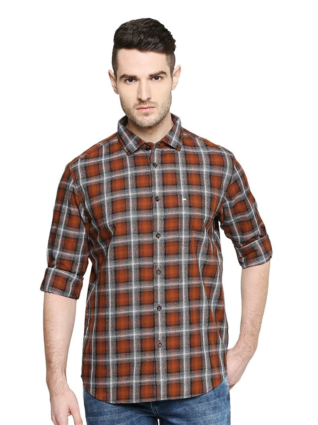 

Basics Slim Fit Tartan Checked Spread Collar Long Regular Sleeves Casual Shirt, Brown