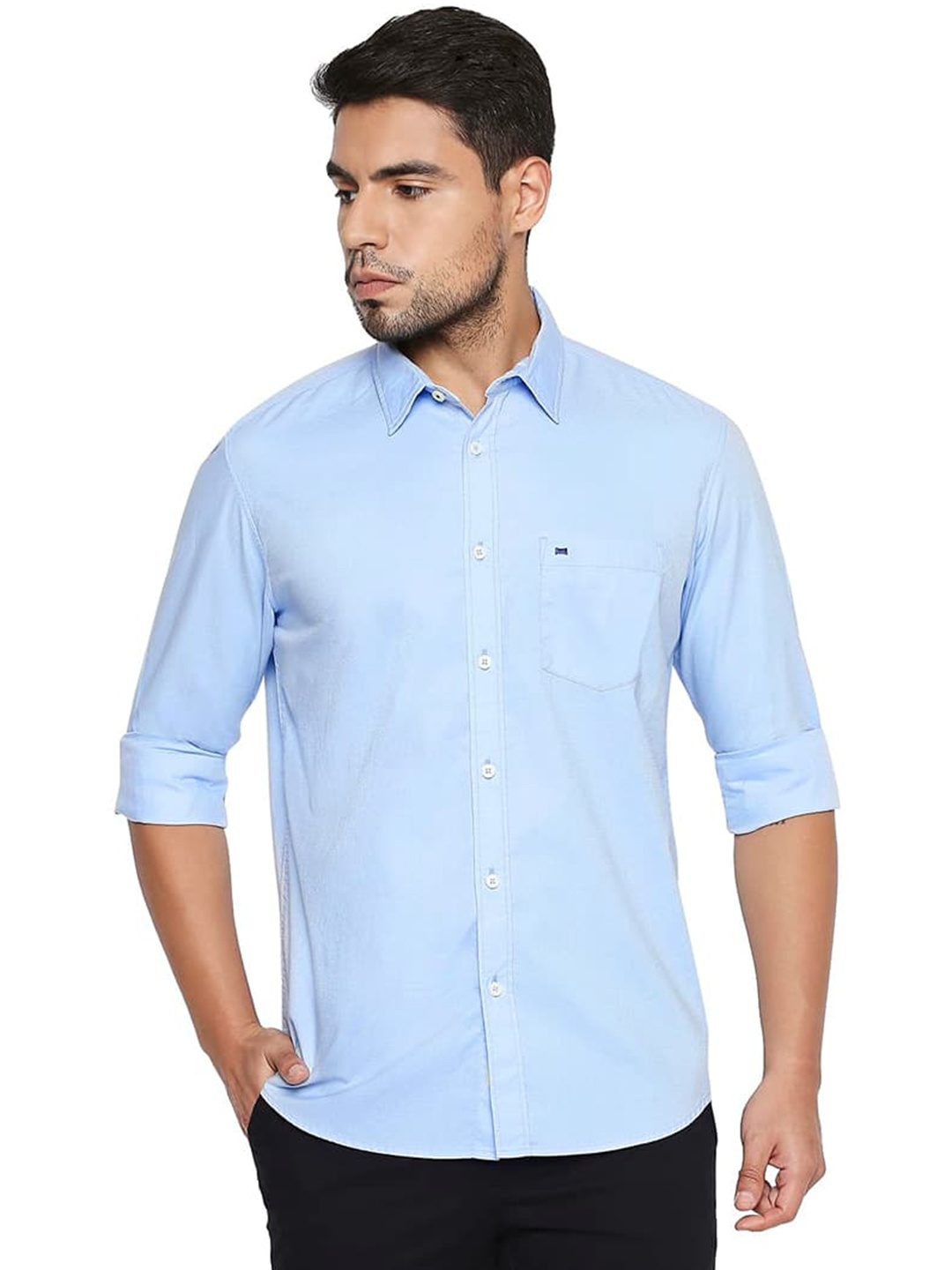 

Basics Slim Fit Spread Collar Long Roll Up Sleeves Casual Shirt, Blue