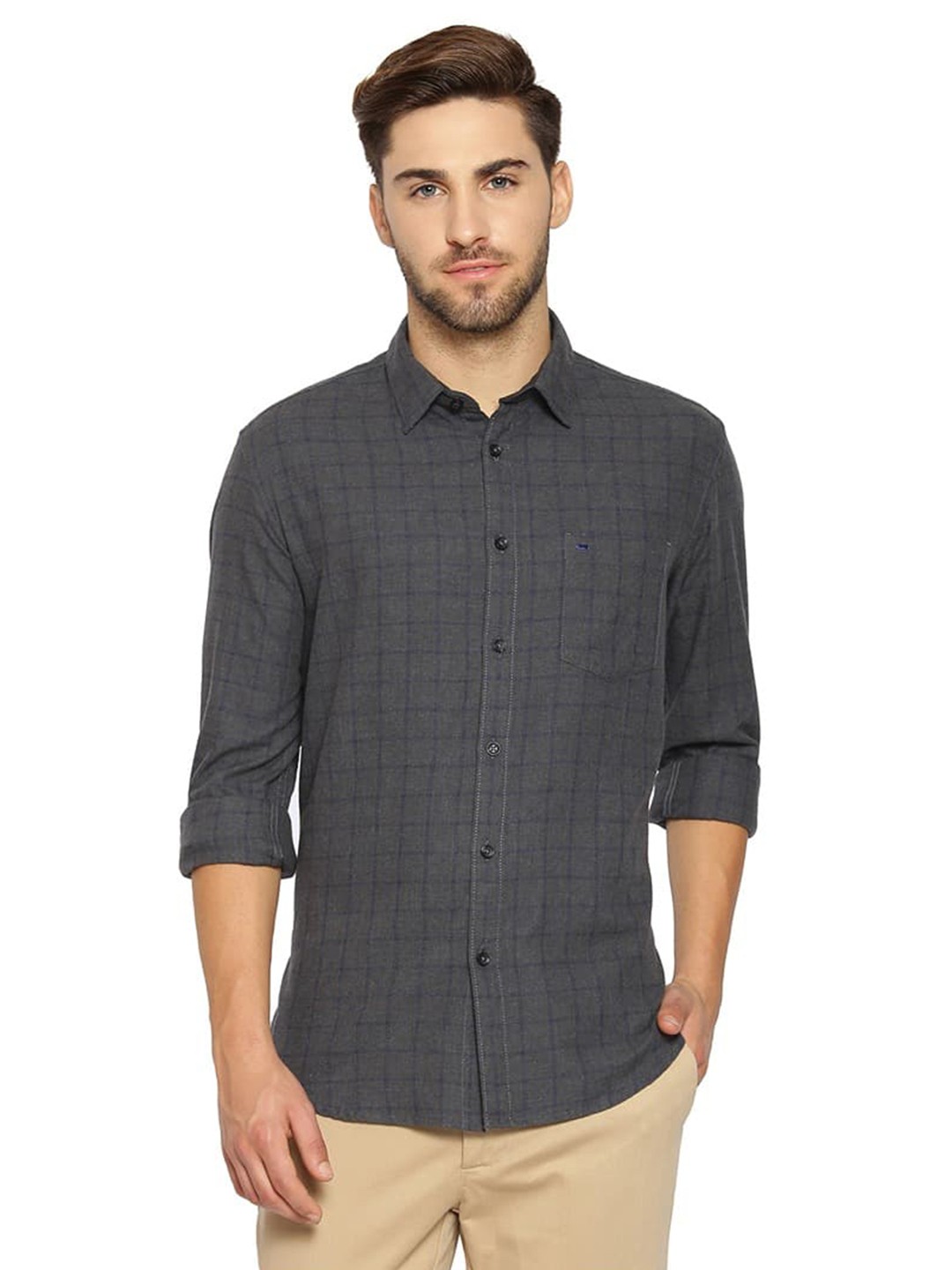 

Basics Slim Fit Checked Spread Collar Long roll Up Sleeves Casual Shirt, Grey