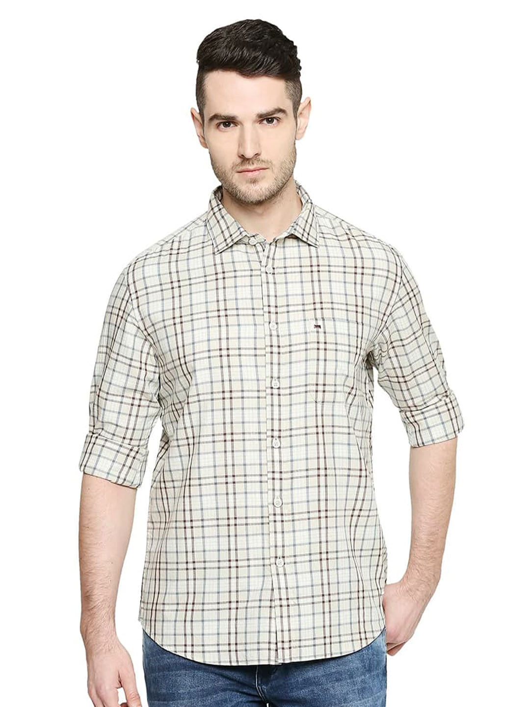 

Basics Slim Fit Tartan Checks Spread Collar Long Roll Up Sleeves Casual Shirt, Beige