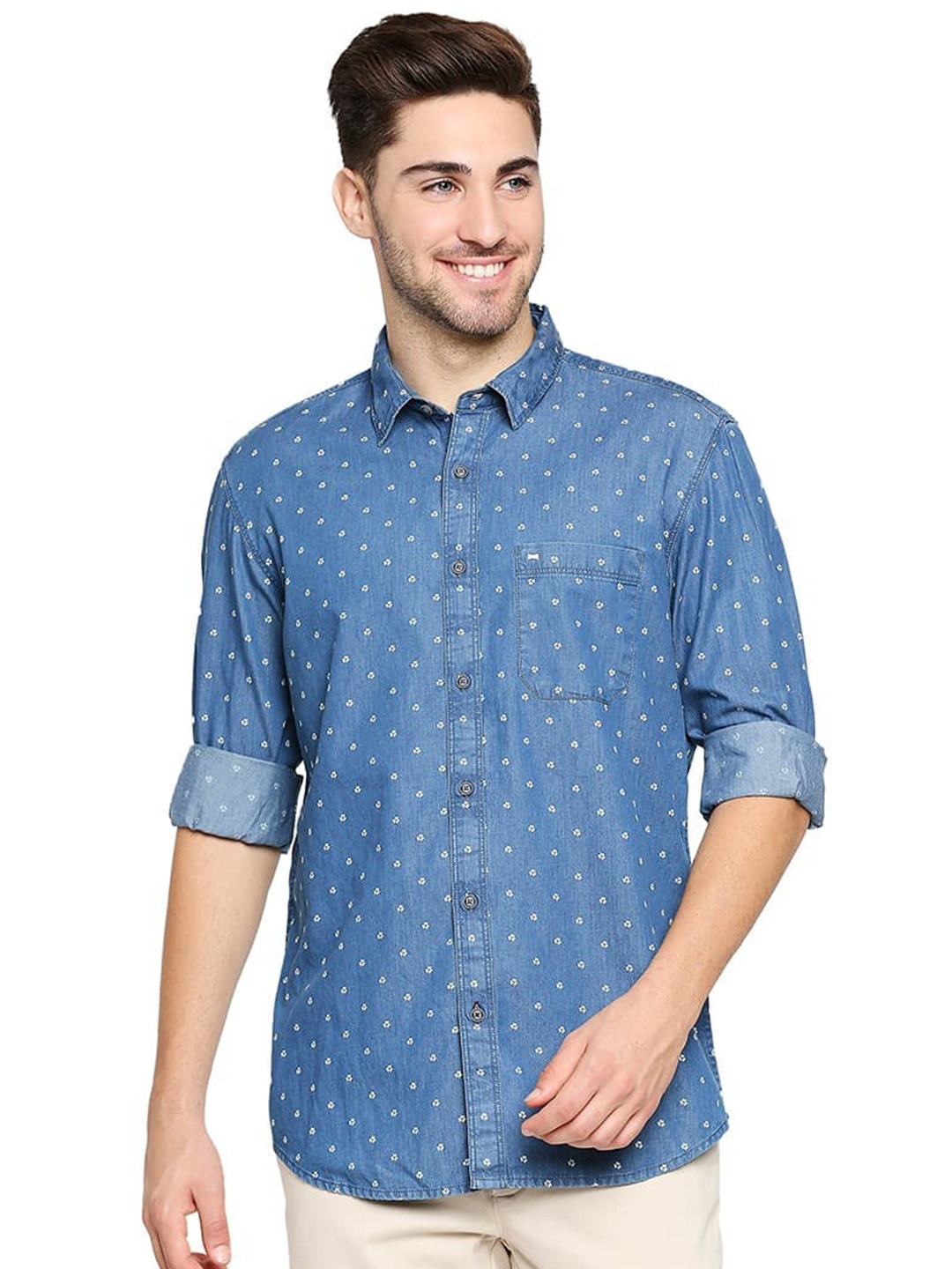 

Basics Abstract Cotton Spread Collar Slim Fit Printed Casual Shirt, Blue