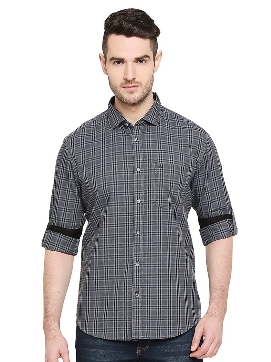 

Basics Checked Cotton Spread Collar Slim Fit Curved Casual Shirt, Black