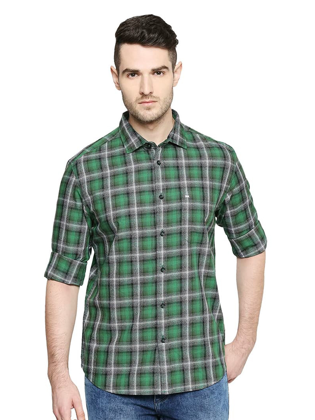 

Basics Slim Fit Tartan Checks Cotton Casual Shirt, Green