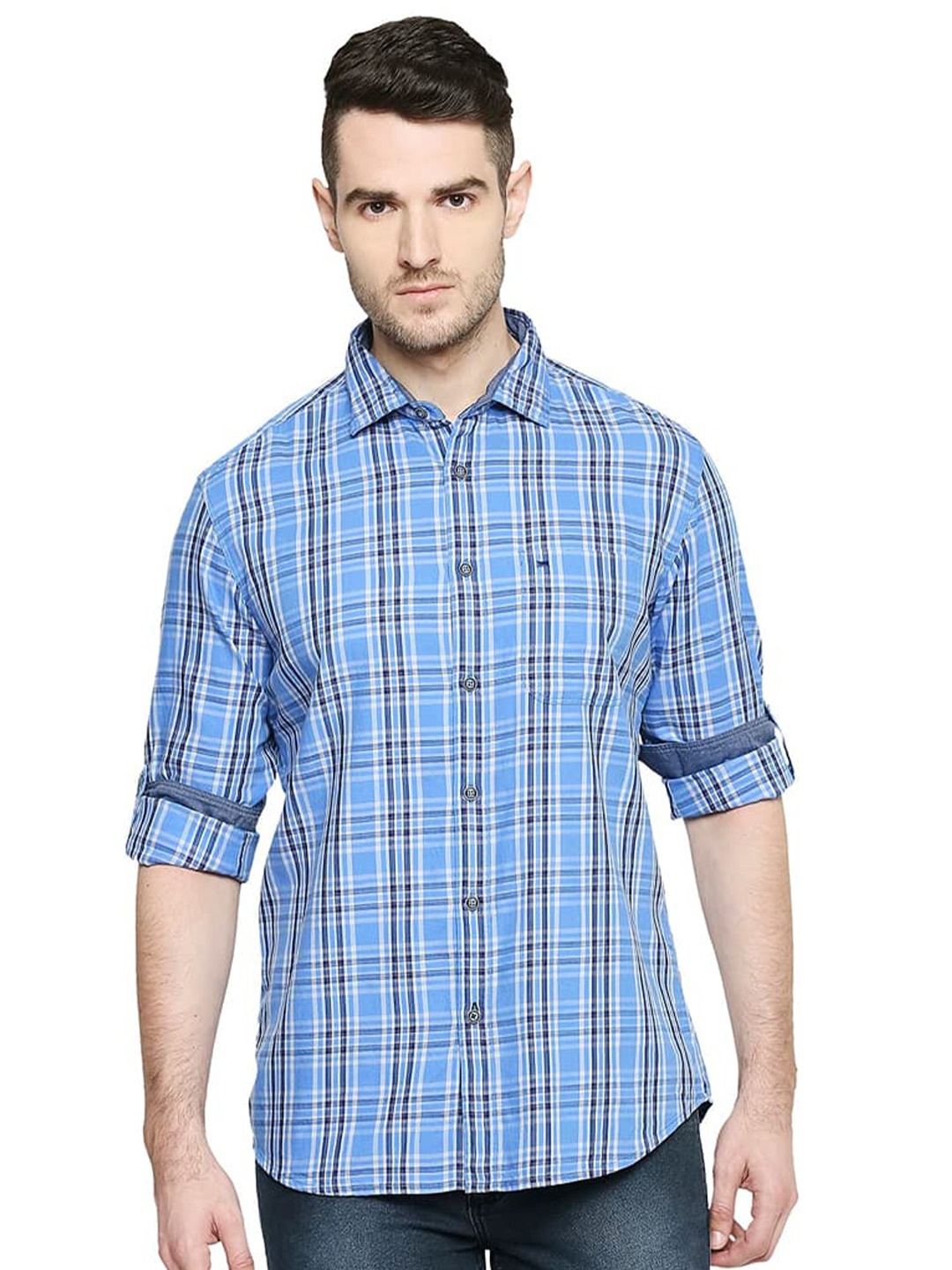 

Basics Slim Fit Tartan Checks Cotton Casual Shirt, Blue