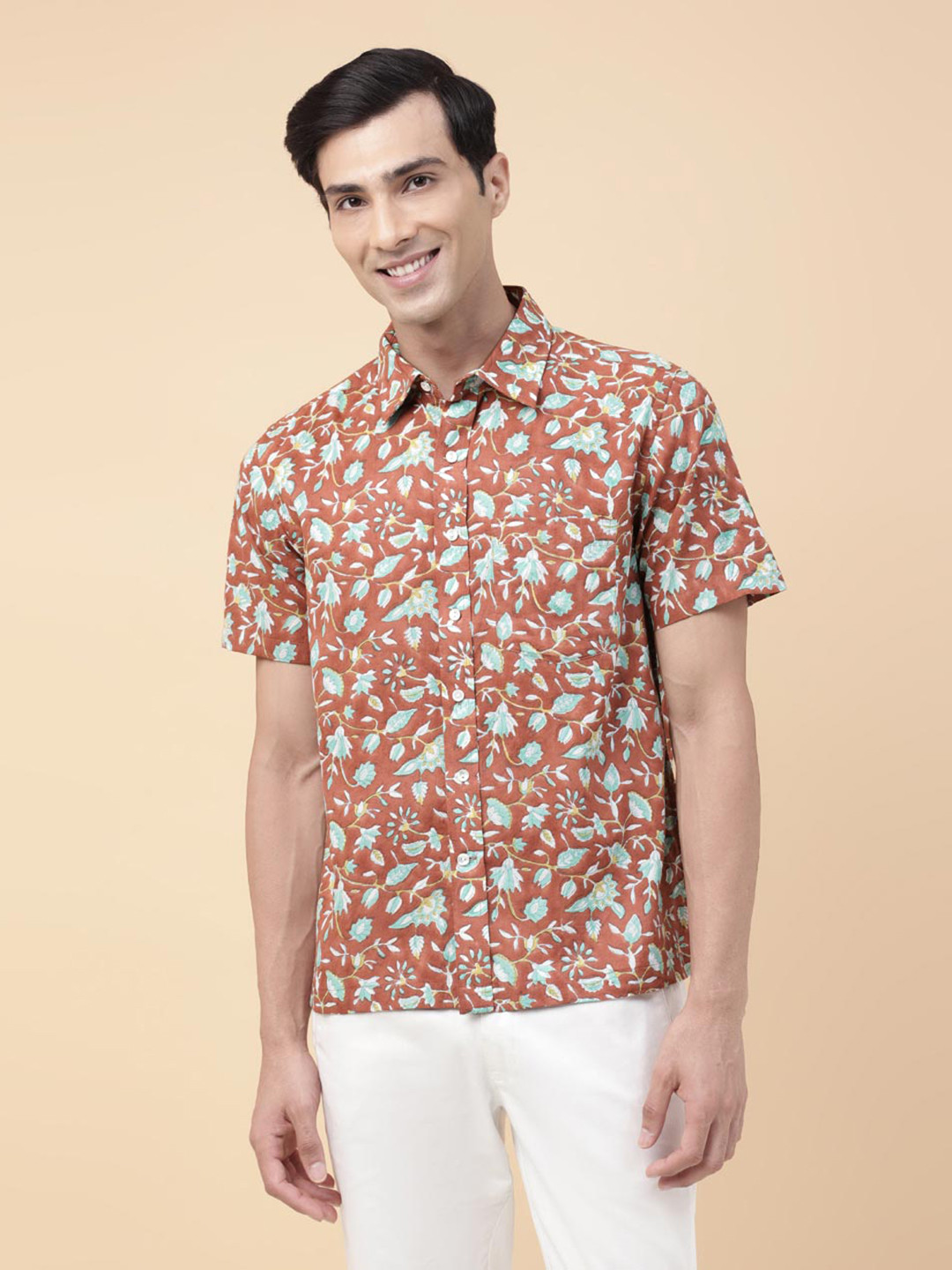

Fabindia Floral Printed Spread Collar Opaque Cotton Casual Shirt, Rust