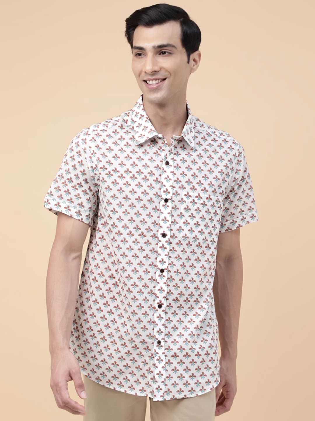 

Fabindia Cotton Hand Block Printed Spread Collar Casual Shirt, White