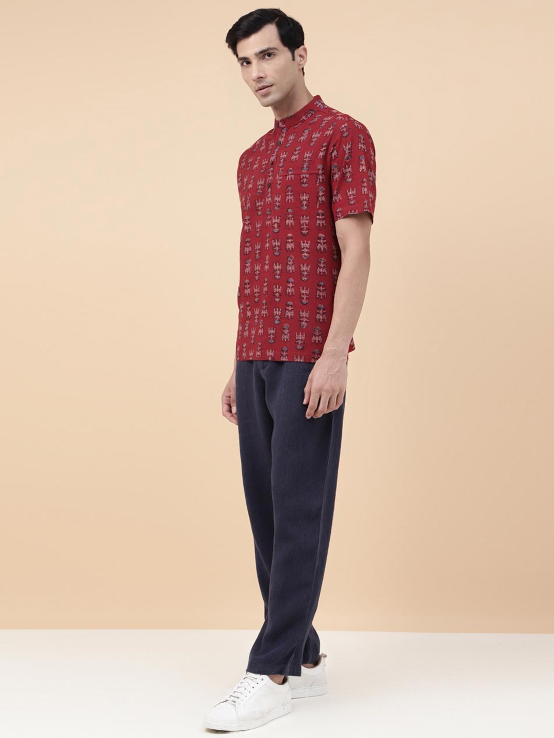 

Fabindia Block Printed Mid Placket Cotton Casual Shirt, Red