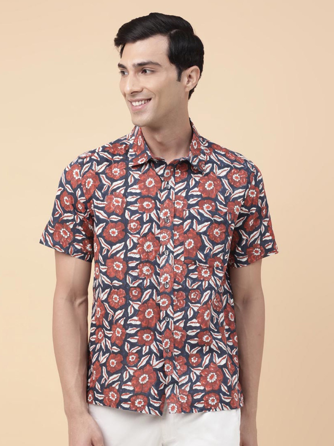 

Fabindia Floral Printed Spread Collar Casual Shirt, Navy blue