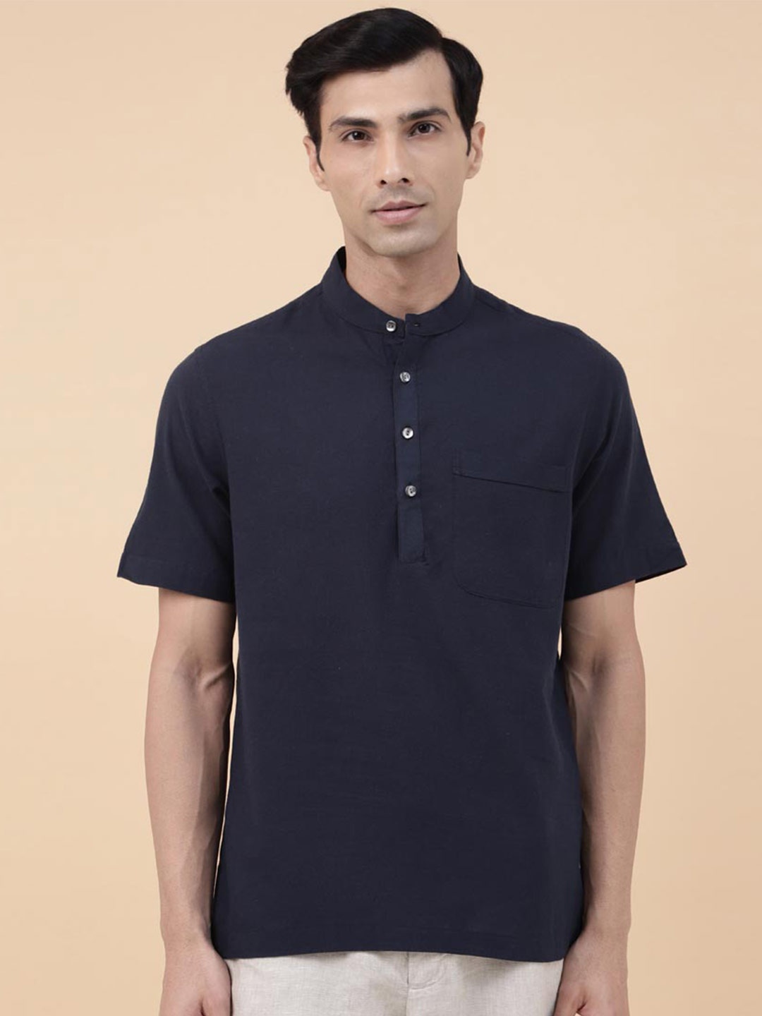 

Fabindia Band Collar Mid Placket Cotton Casual Shirt, Navy blue