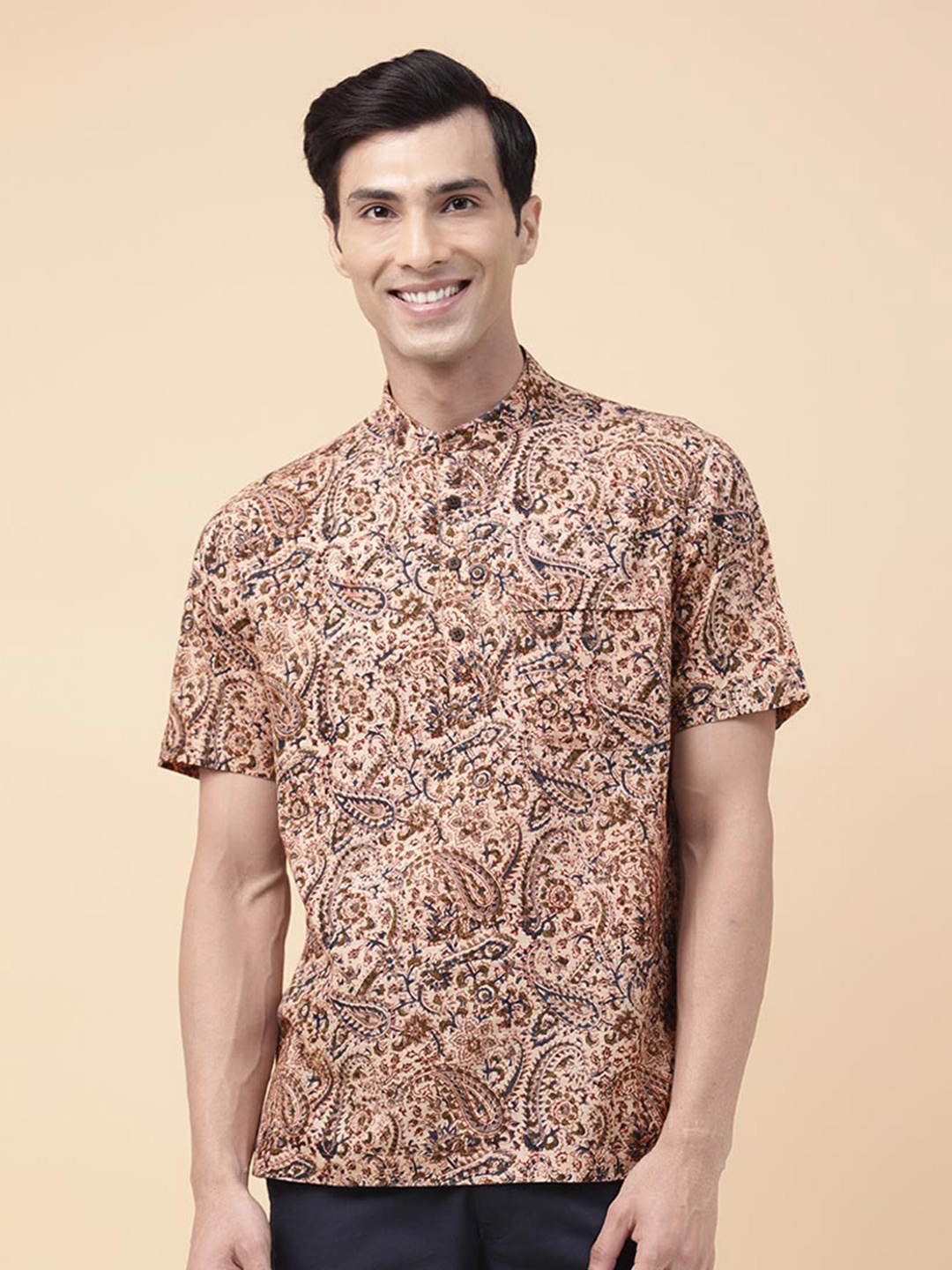 

Fabindia Cotton Kalamkari Printed Mid Placket Casual Shirt, Beige
