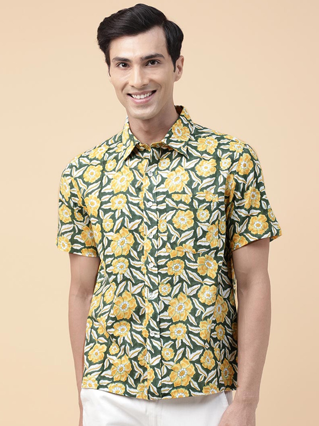 

Fabindia Floral Block Printed Cotton Casual Shirt, Green